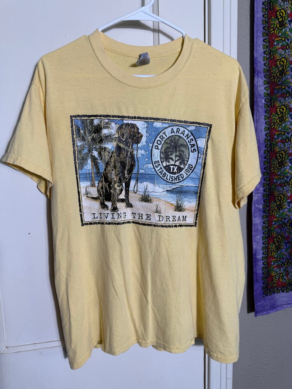 Port Aransas TX Black Lab Living the Dream Graphic T-Shirt Large Beach Tee
